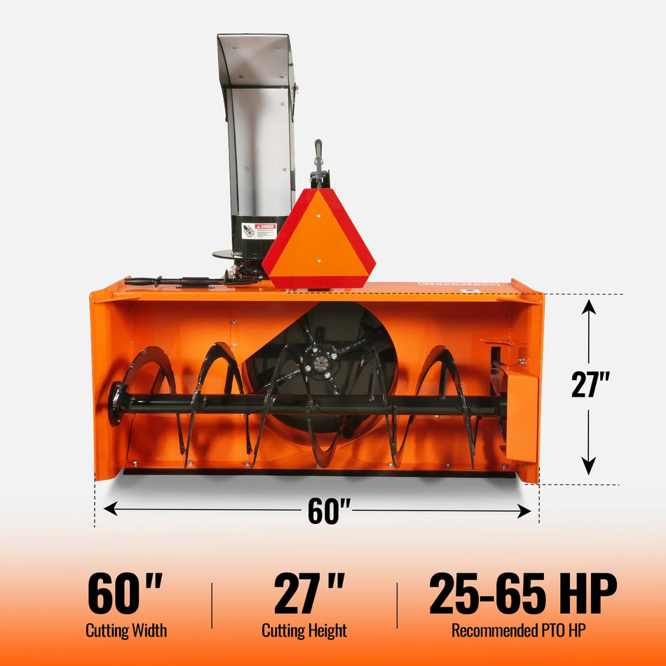 60" 3 Point PTO Snow Blower 24" Impeller Diameter 360° Snow Chute (PTO Shaft Included with Slip Clutch),  25-65 HP,  TSB60T